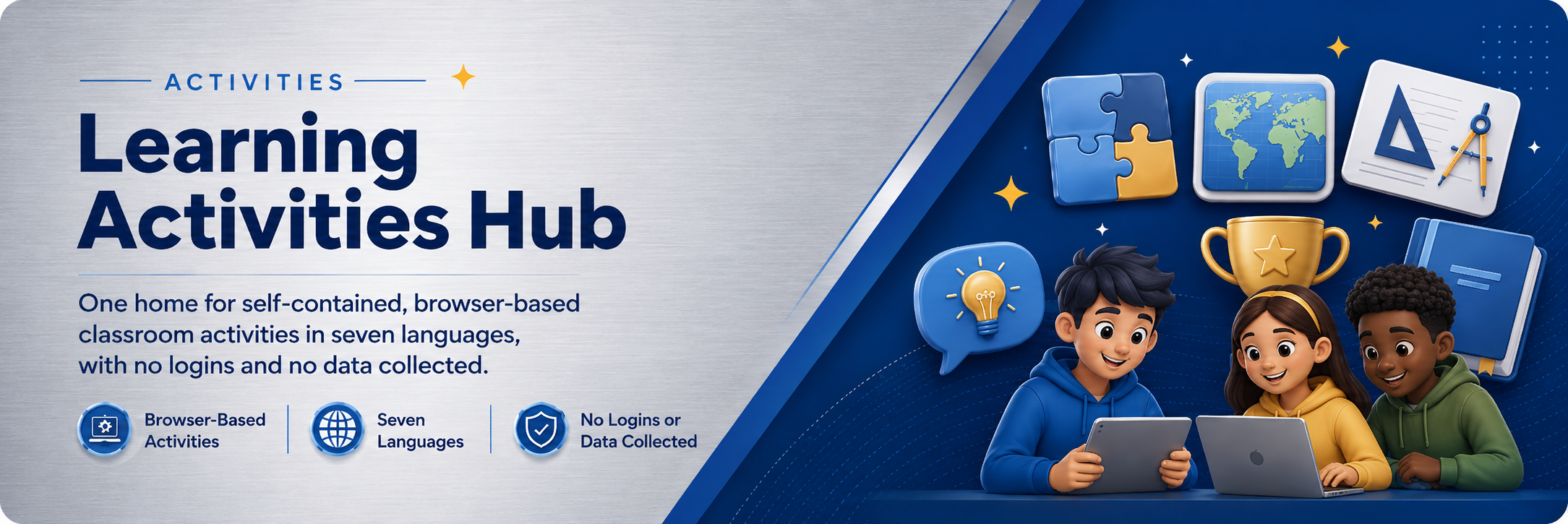 Learning Activities Hub — one home for self-contained, browser-based classroom activities in seven languages, with no logins and no data collected.