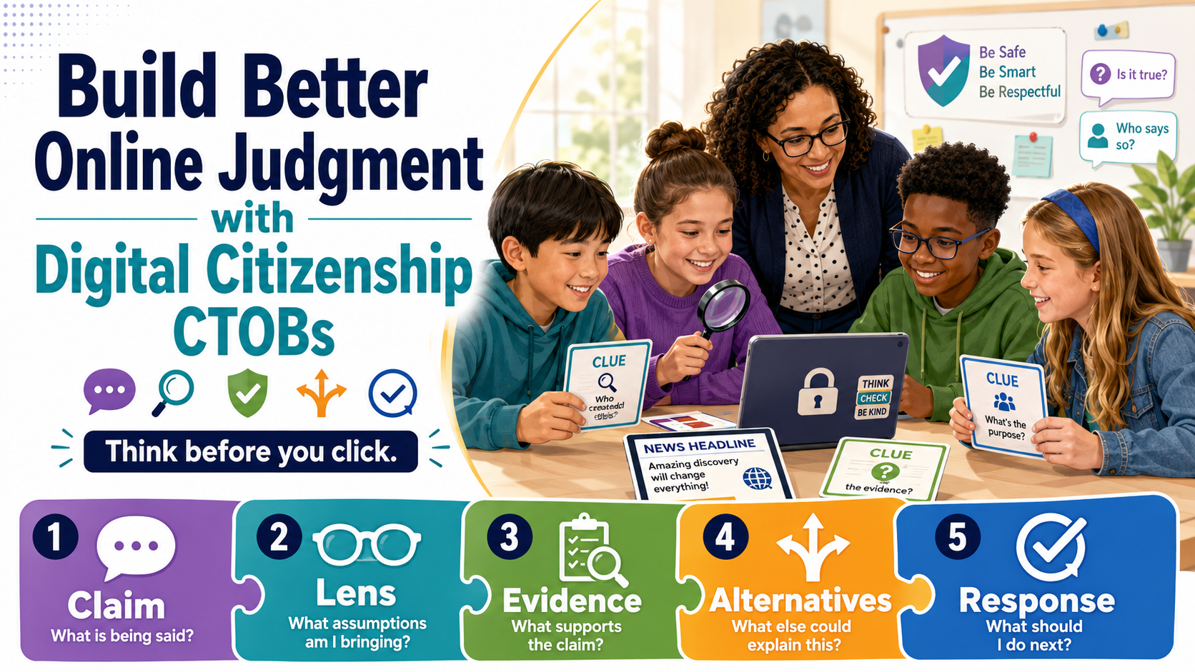 Build better online judgment with Digital Citizenship CTOBs — the CLEAR steps: Claim, Lens, Evidence, Alternatives, Response. Think before you click.