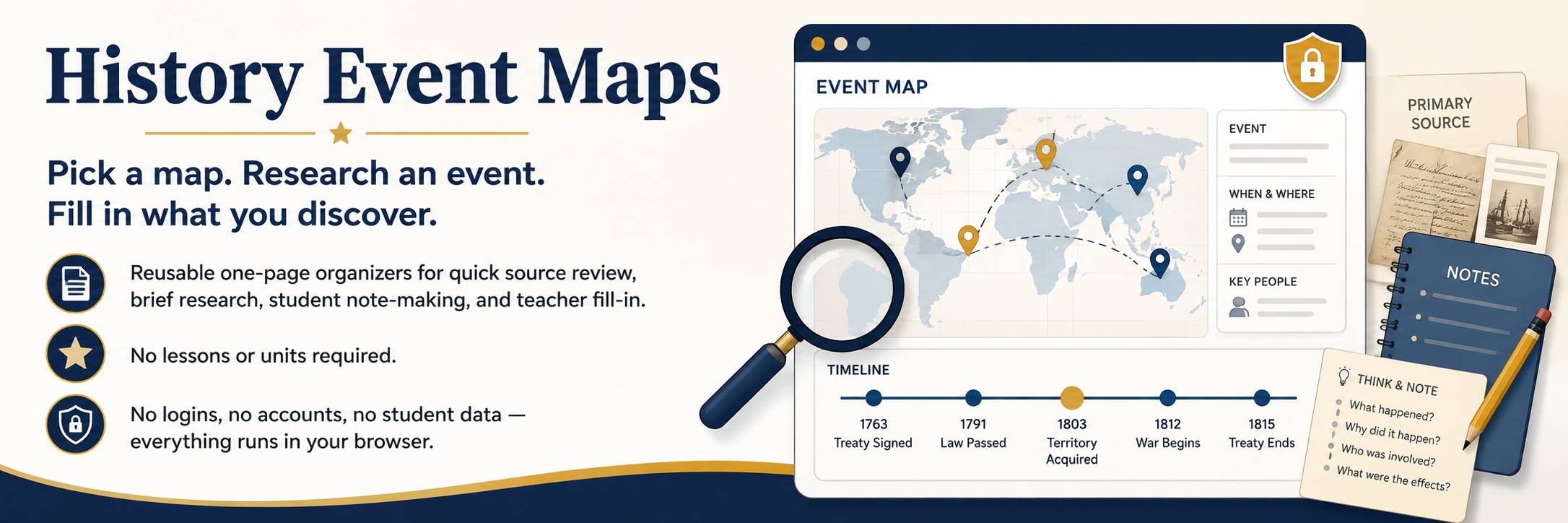 History Event Maps — pick a map, research an event, fill in what you discover. Reusable one-page organizers for quick source review, brief research, student note-making, and teacher fill-in. No lessons or units required. No logins, no accounts, no student data; everything runs in your browser.
