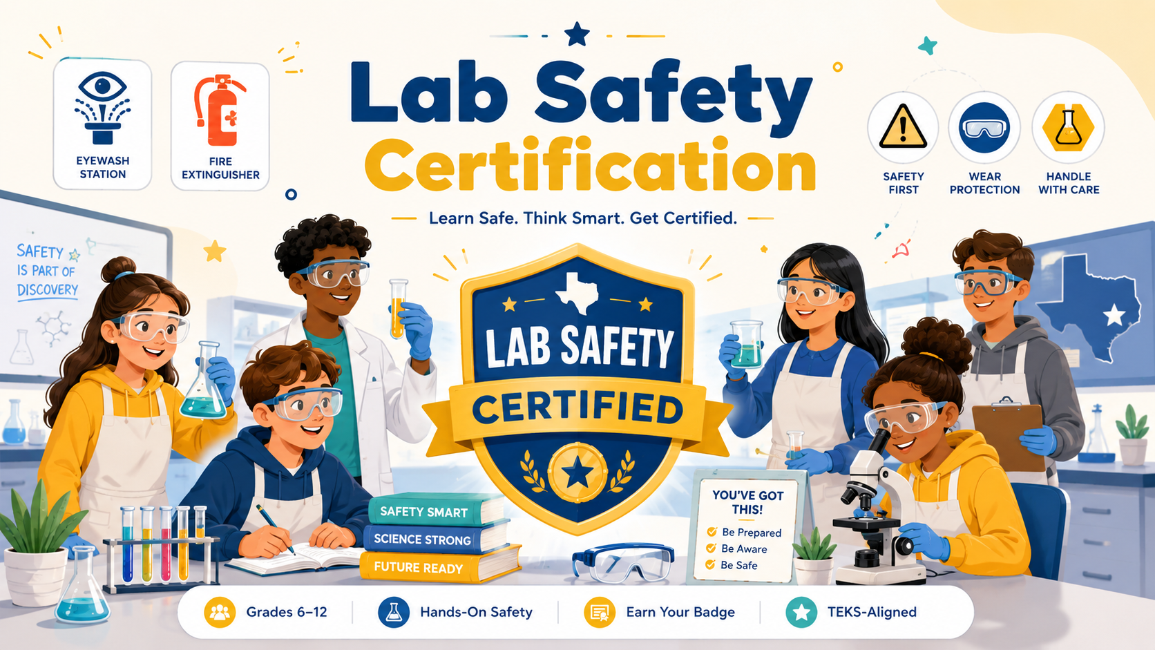 Lab Safety Certification — Texas science students in goggles and aprons doing hands-on lab work and earning a Lab Safety Certified badge. Learn safe, think smart, get certified. Grades 6–12, hands-on safety, TEKS-aligned.