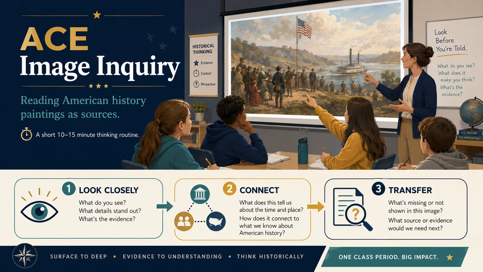 ACE Image Inquiry — reading American history paintings as historical sources. A short 10–15 minute thinking routine: ① Look Closely (what do you see? what's the evidence?), ② Connect (what does this tell us about the time and place?), and ③ Transfer (what's missing, and what source would we need next?) — moving from surface to deep to thinking historically, in one class period.
