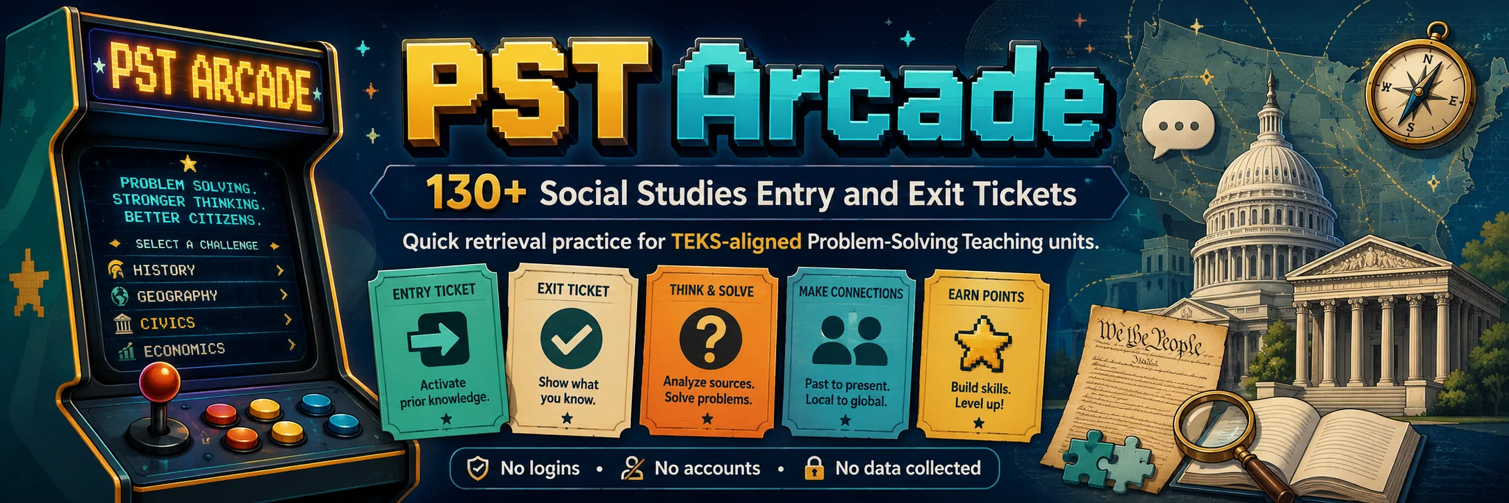 PST Arcade — quick, arcade-style entry and exit tickets for the Problem-Solving Teaching units. A 1–2 minute retrieval-practice check before and after each learning phase, moving from surface to deep to transfer. Nothing is stored or sent — the score is just for you.