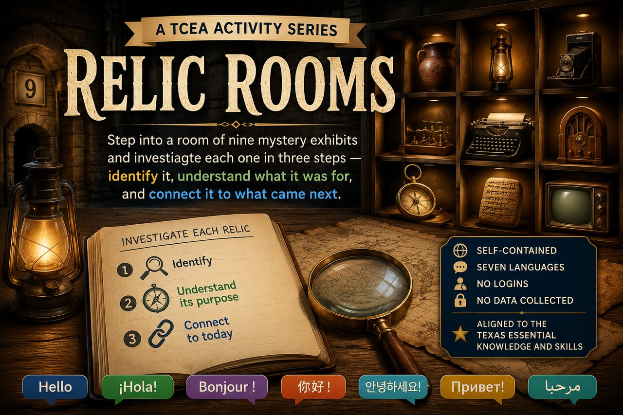 Relic Rooms — a TCEA activity series. Step into a room of nine mystery exhibits and investigate each one in three steps: identify it, understand what it was for, and connect it to what came next. Self-contained, seven languages, no logins, no data collected, and aligned to the Texas Essential Knowledge and Skills.