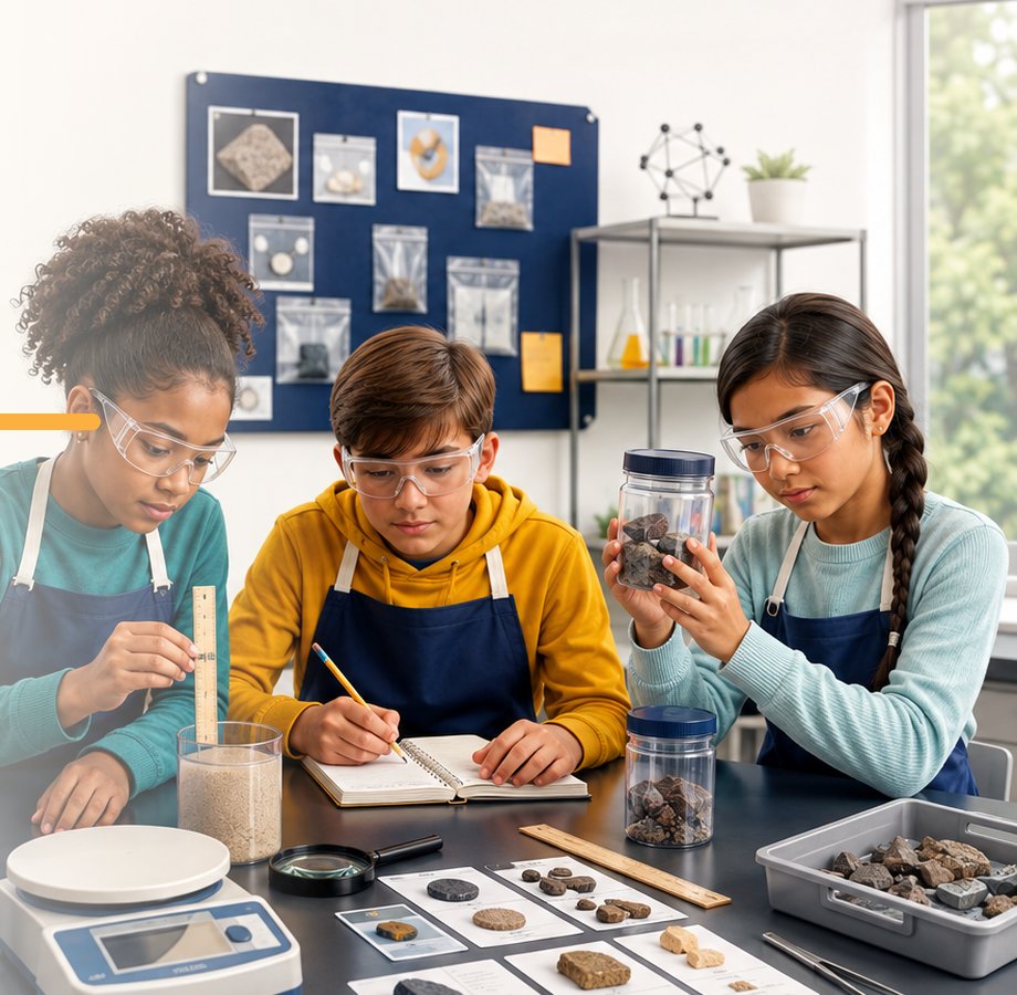 Three middle-school students in aprons and safety glasses examining rock and mineral samples at a lab bench