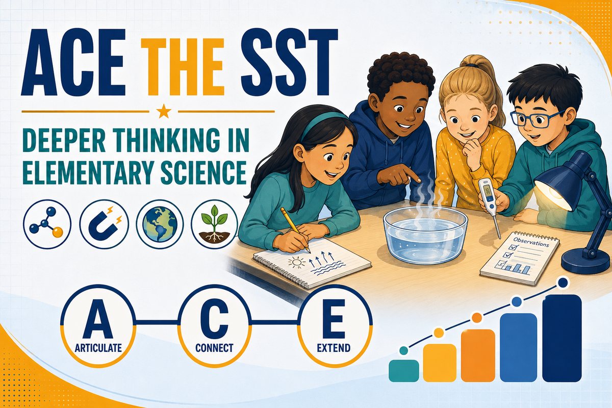 ACE the SST: Deeper Thinking in Elementary Science. Four elementary students observe a bowl of warm water with a thermometer and record observations, beside a chain of circles labeled A Articulate, C Connect, E Extend.