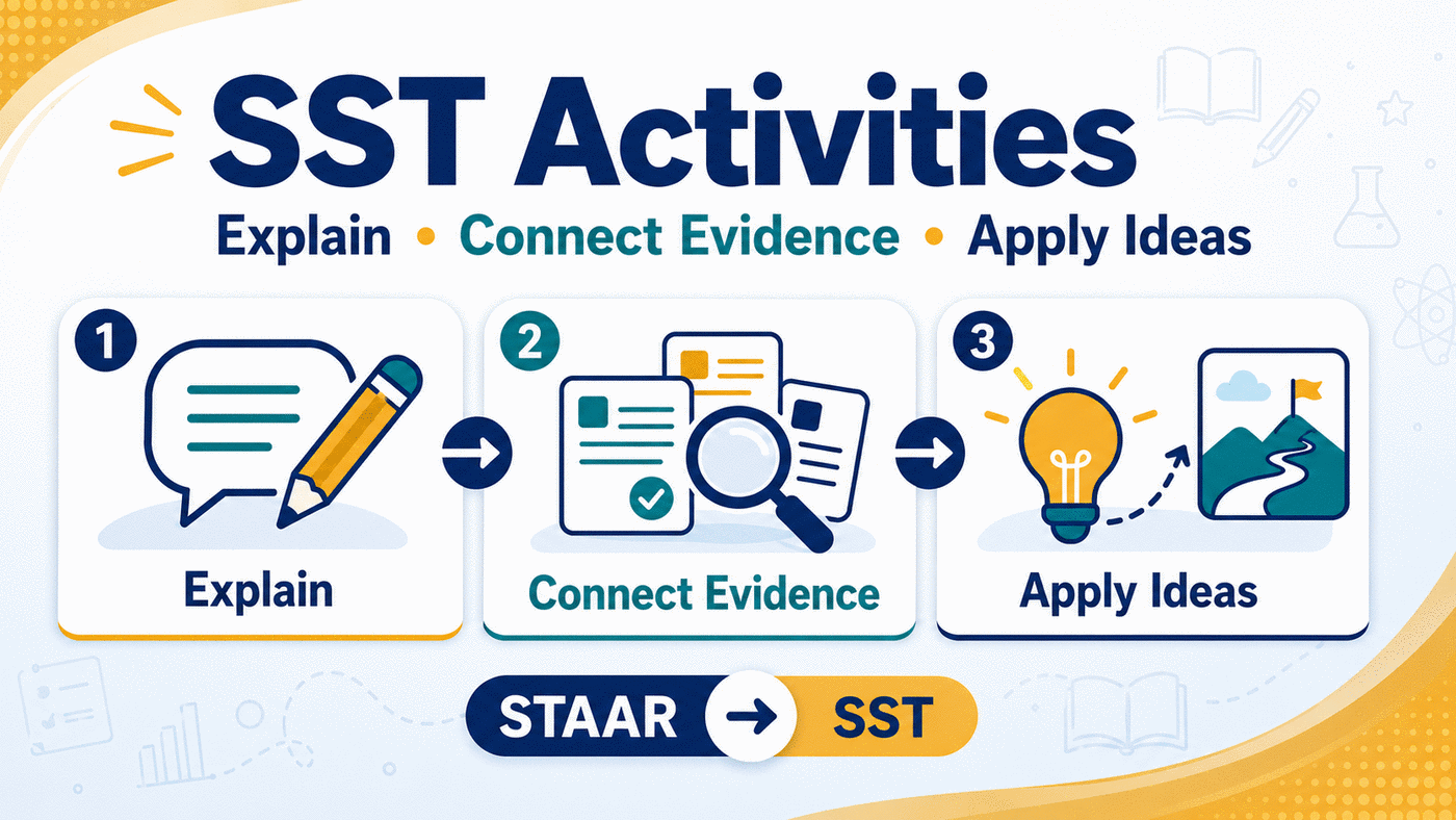 SST Activities: Explain, Connect Evidence, Apply Ideas. Three numbered steps — a speech bubble with a pencil, documents under a magnifying glass, and a lightbulb pointing toward a mountain path — above a badge reading STAAR to SST.
