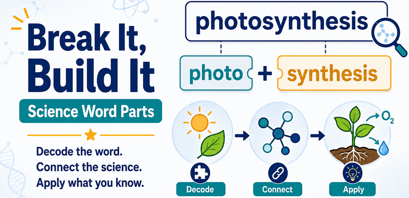 Break It, Build It: Science Word Parts. Decode the word. Connect the science. Apply what you know. The word photosynthesis splits into the parts photo and synthesis, above three steps — Decode, shown as sunlight on a leaf; Connect, shown as linked molecules; and Apply, shown as a growing plant releasing oxygen and taking up water.