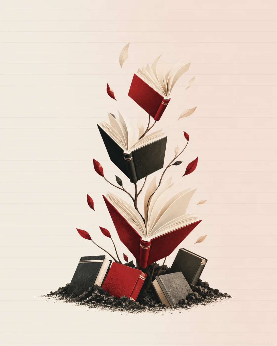 Books in red, black, and gray rise from dark soil, opening and blooming like plants as pages and leaves drift upward.