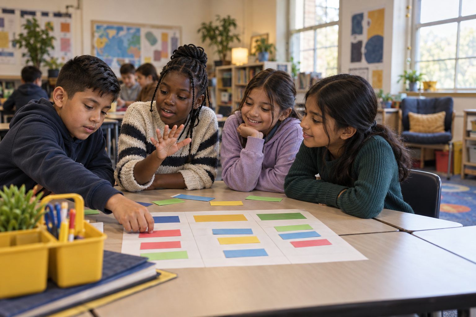 Fourth graders sort ads, information, and clickbait strips, challenging each other to prove their choices.