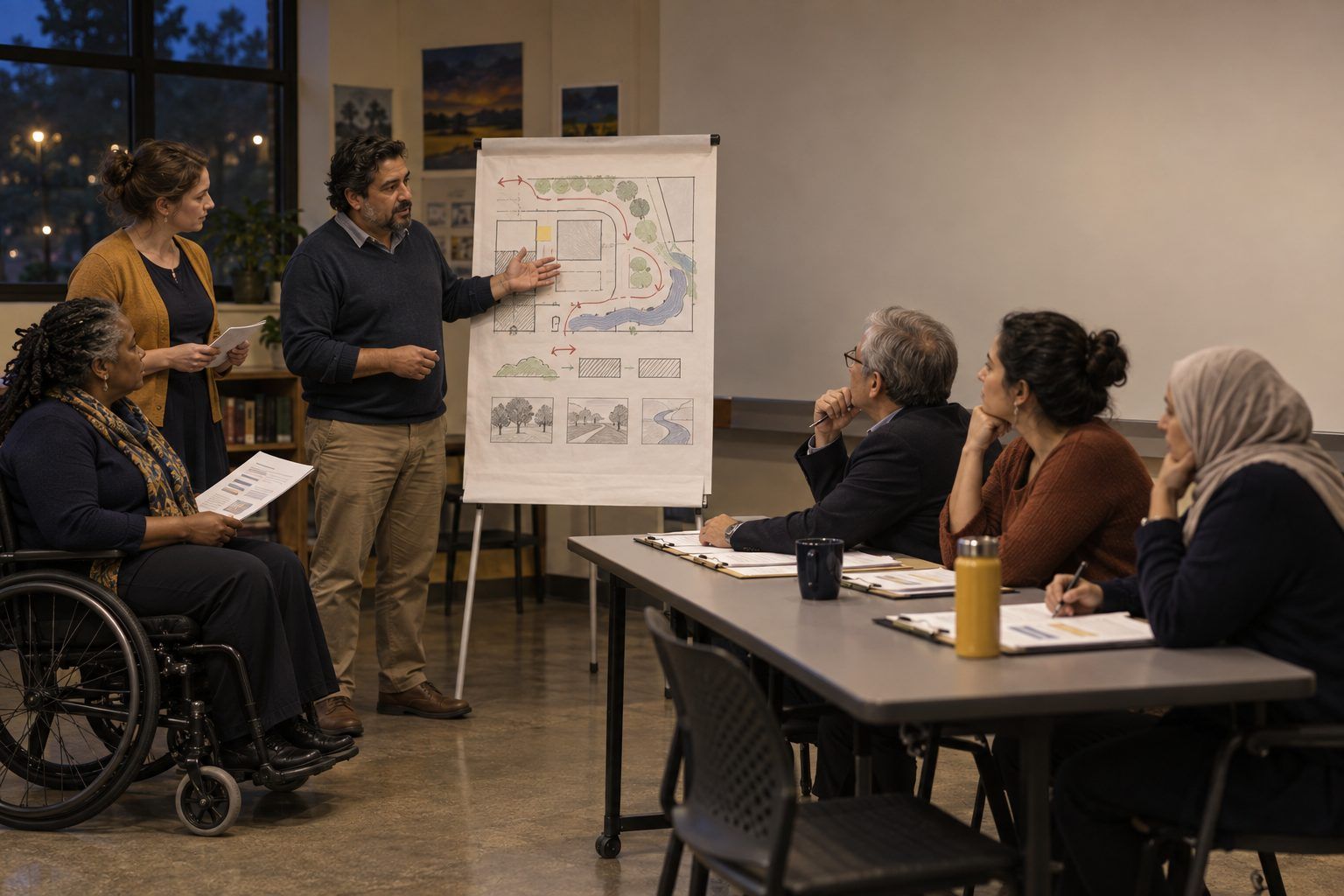 A team of educators pitches a hand-drawn project plan to a panel holding scoring rubrics.