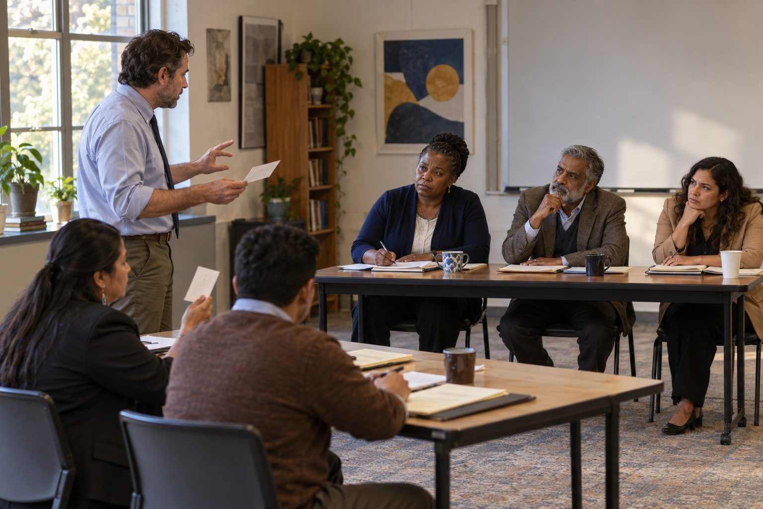 Educators hold a mock court: a defender argues while a panel of three judges listens and takes notes.