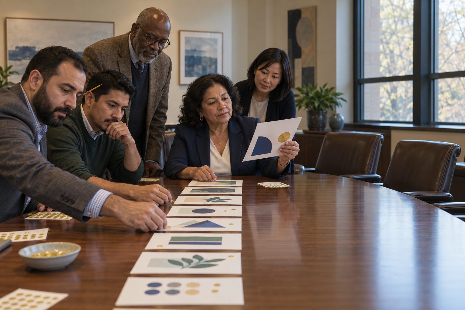 School and college leaders silently place dot stickers on printed values cards spread across a board room table.