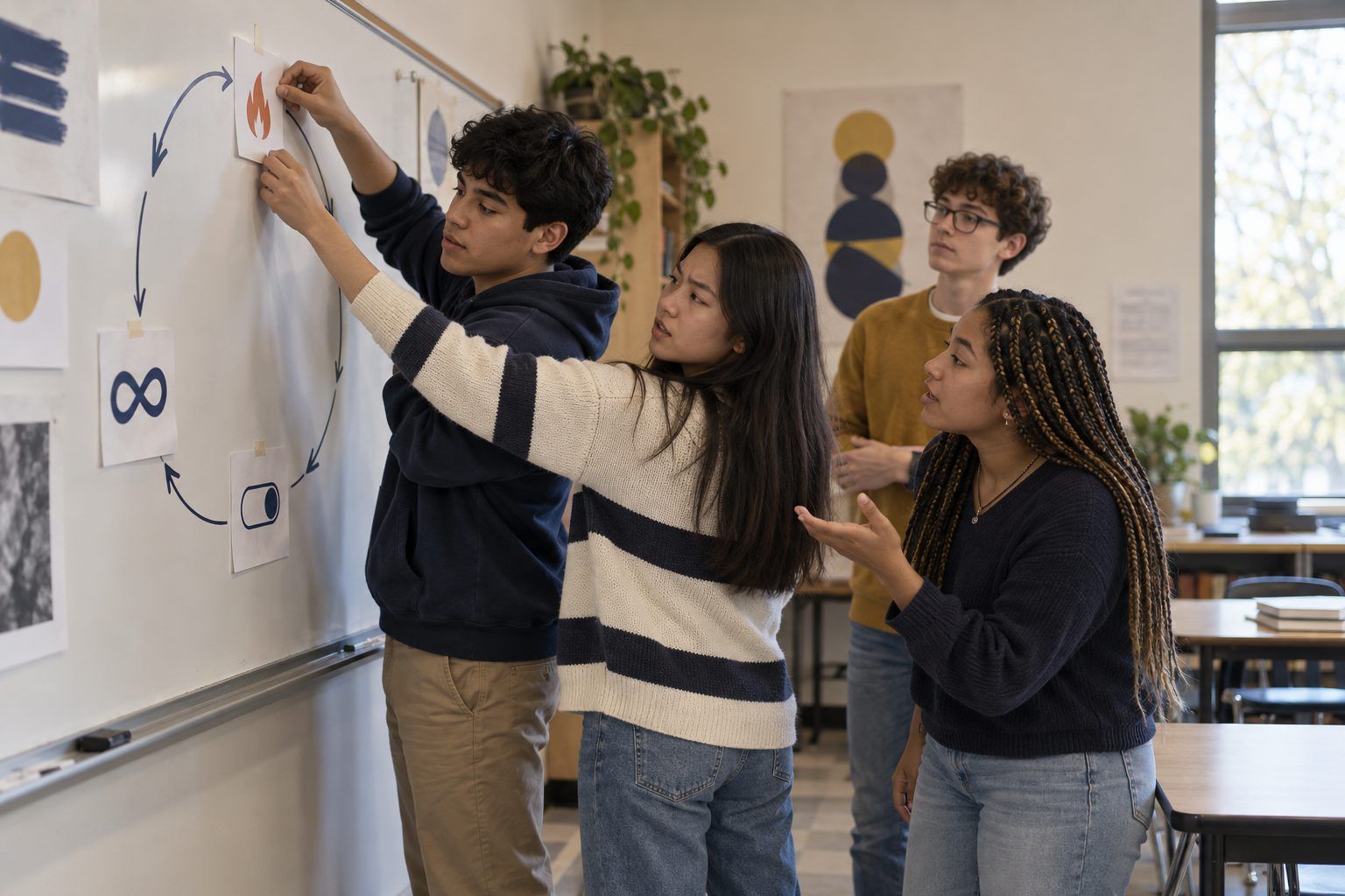 High school students tape app-feature strips around a loop drawn on the whiteboard while they argue about who benefits.