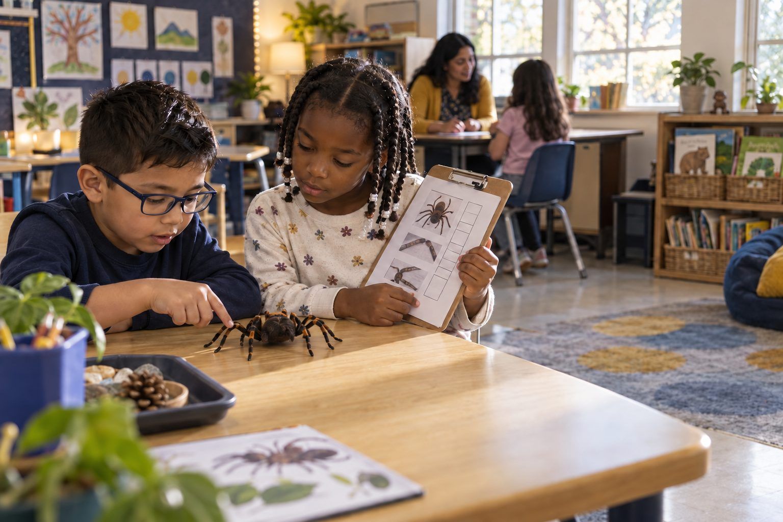 Two first graders count the legs on a model spider to check an answer.
