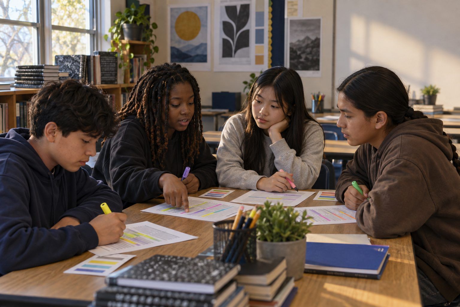Eighth graders highlight printed chatbot responses in different colors, each noticing something different.