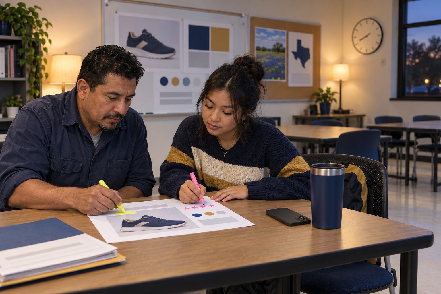 Two community college students highlight warning signs on a printed mock online store.
