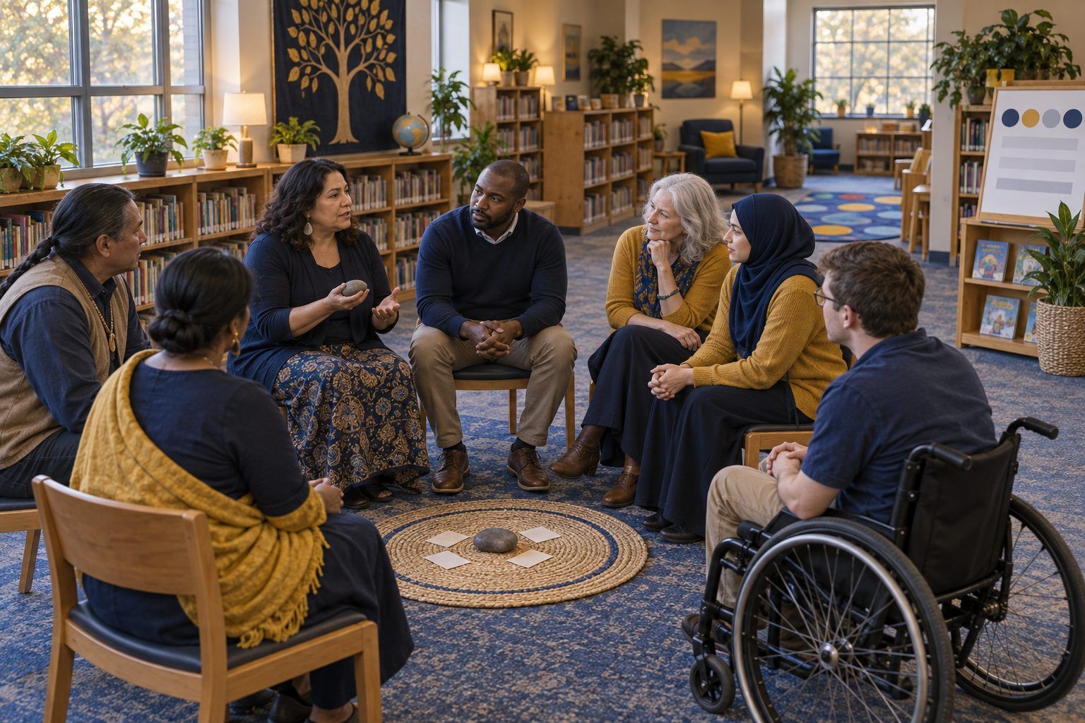 Teachers sit in a community circle, listening as one colleague holds a talking stone.