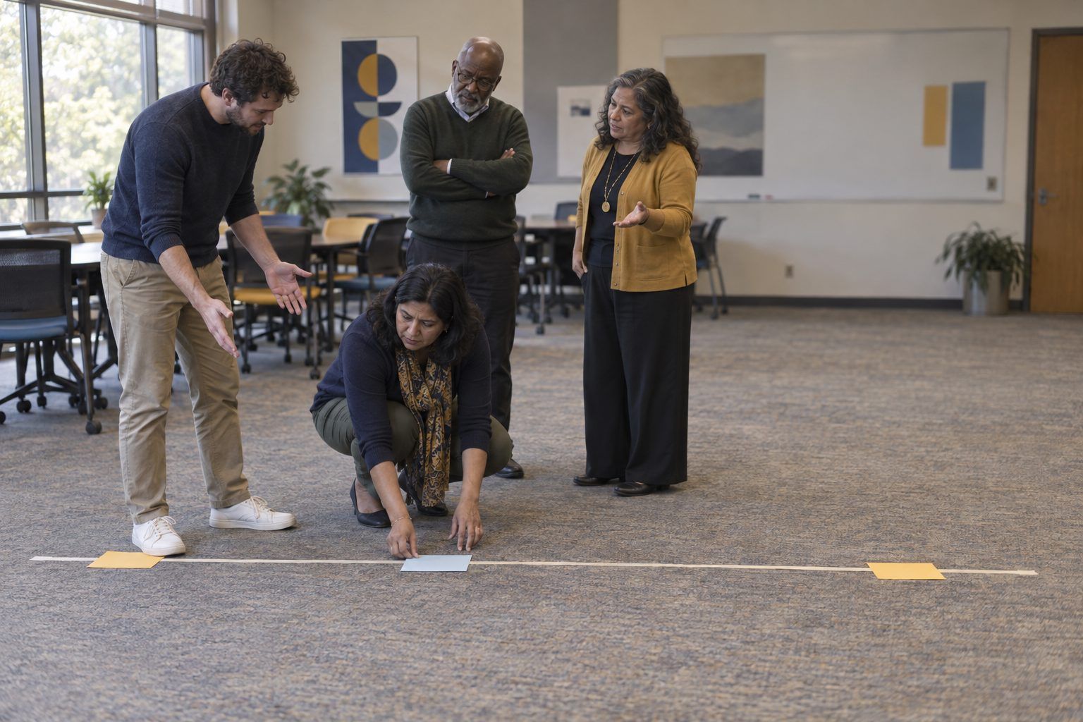 Faculty and teachers place task strips along a masking-tape line on the floor and argue about where each belongs.