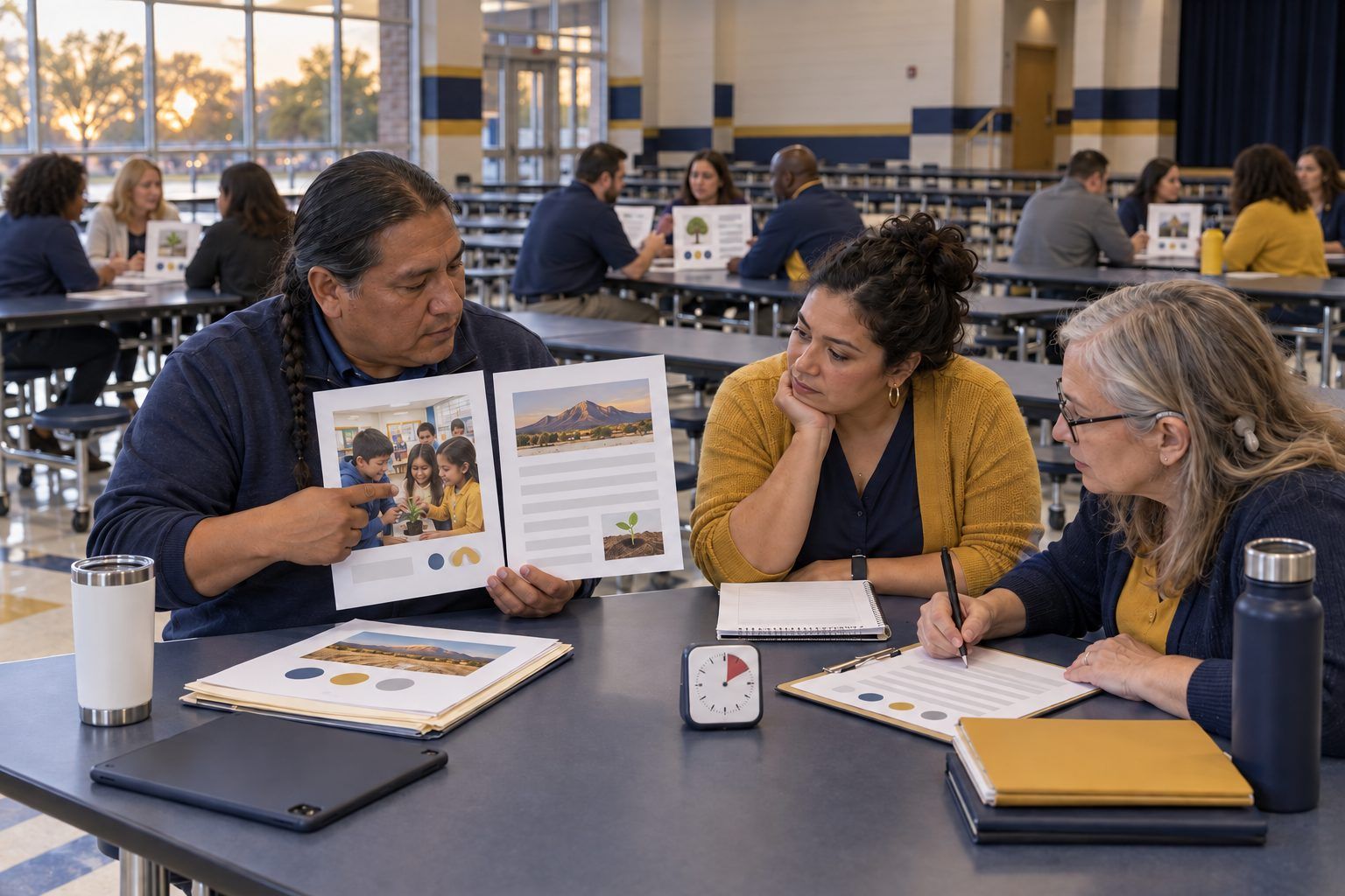 An instructional coach rehearses a short lesson for two colleagues, who give him feedback.