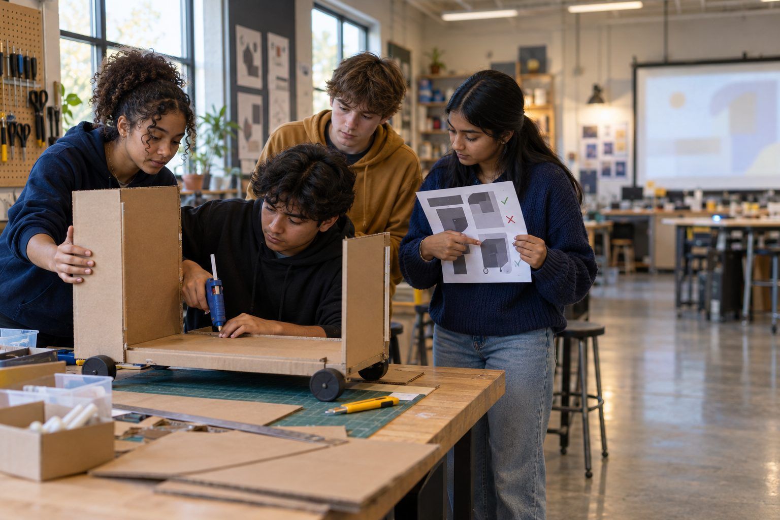 High school students build a cardboard prototype while one teammate checks a printed AI critique.