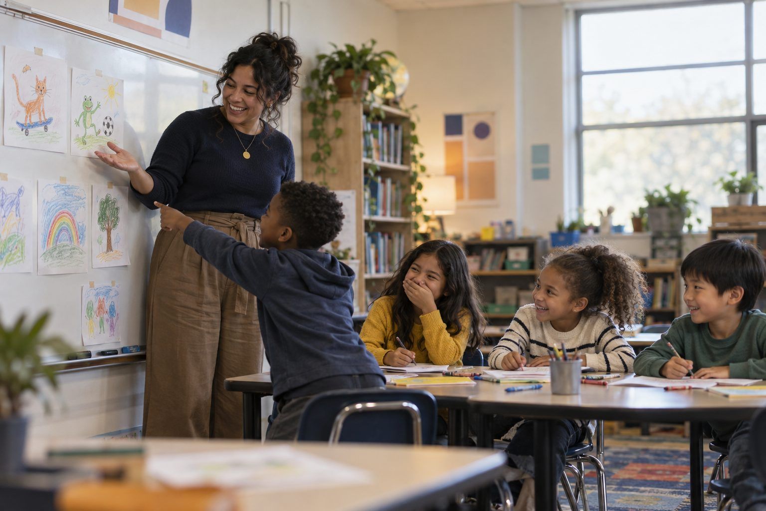 Third graders protest, laughing, when their teacher pretends their doodles are her own artwork.