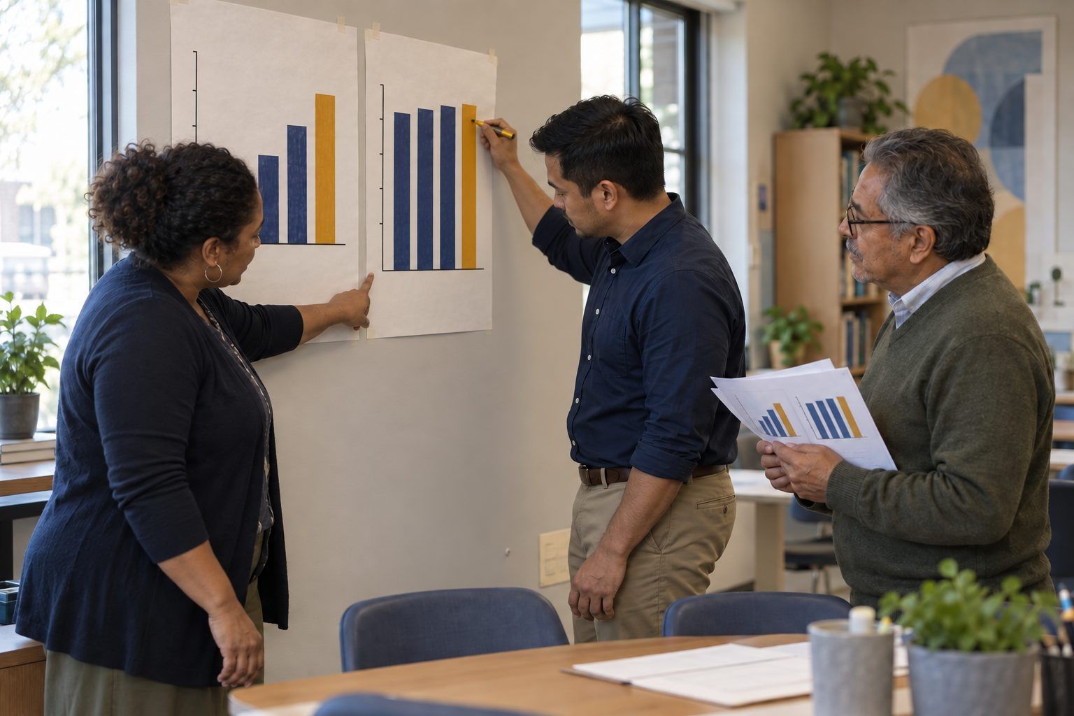 Three education leaders redraw a misleading bar chart on chart paper so its baseline starts at zero.