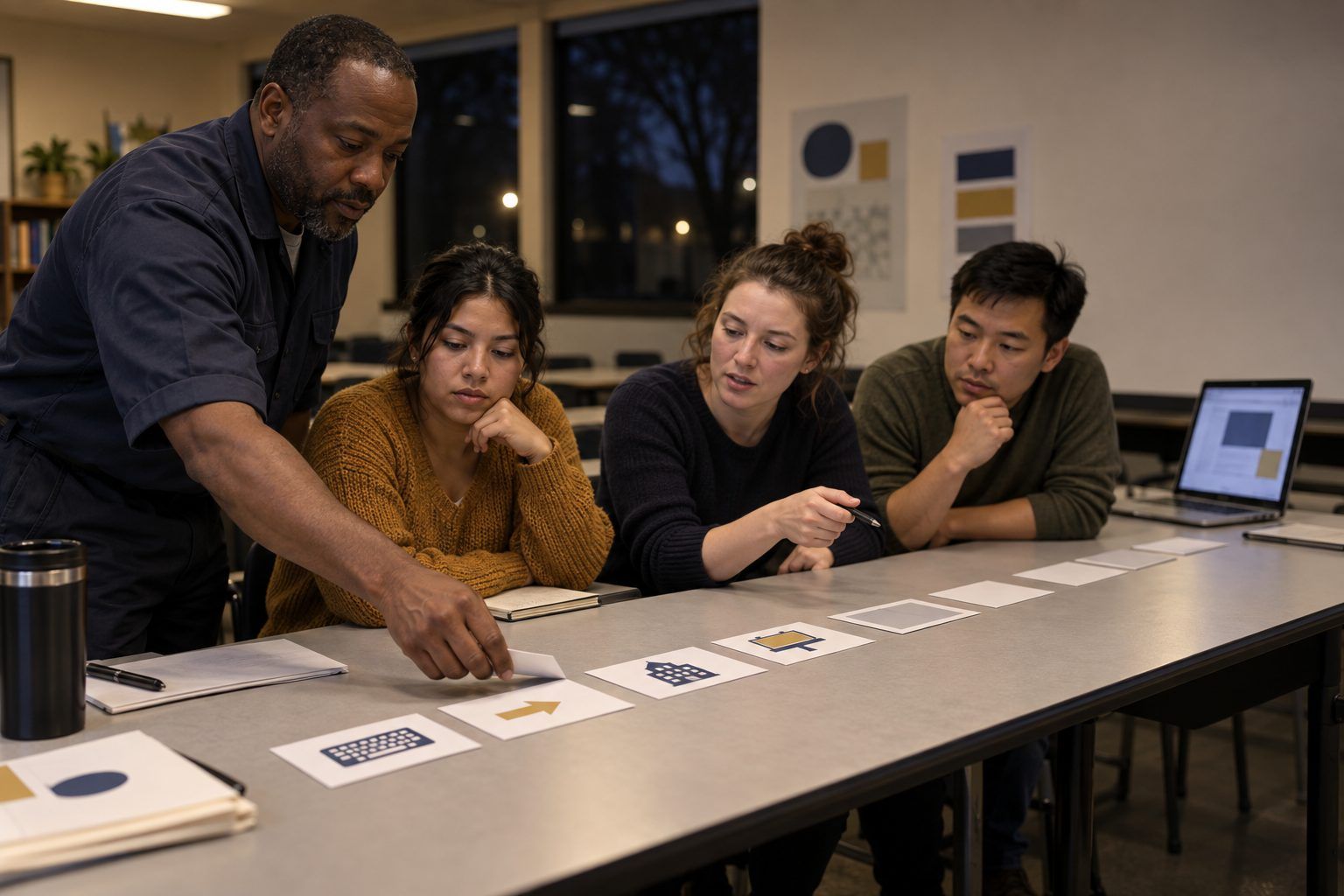 Community college students lay out cards to trace how one piece of data travels from an app to advertisers.