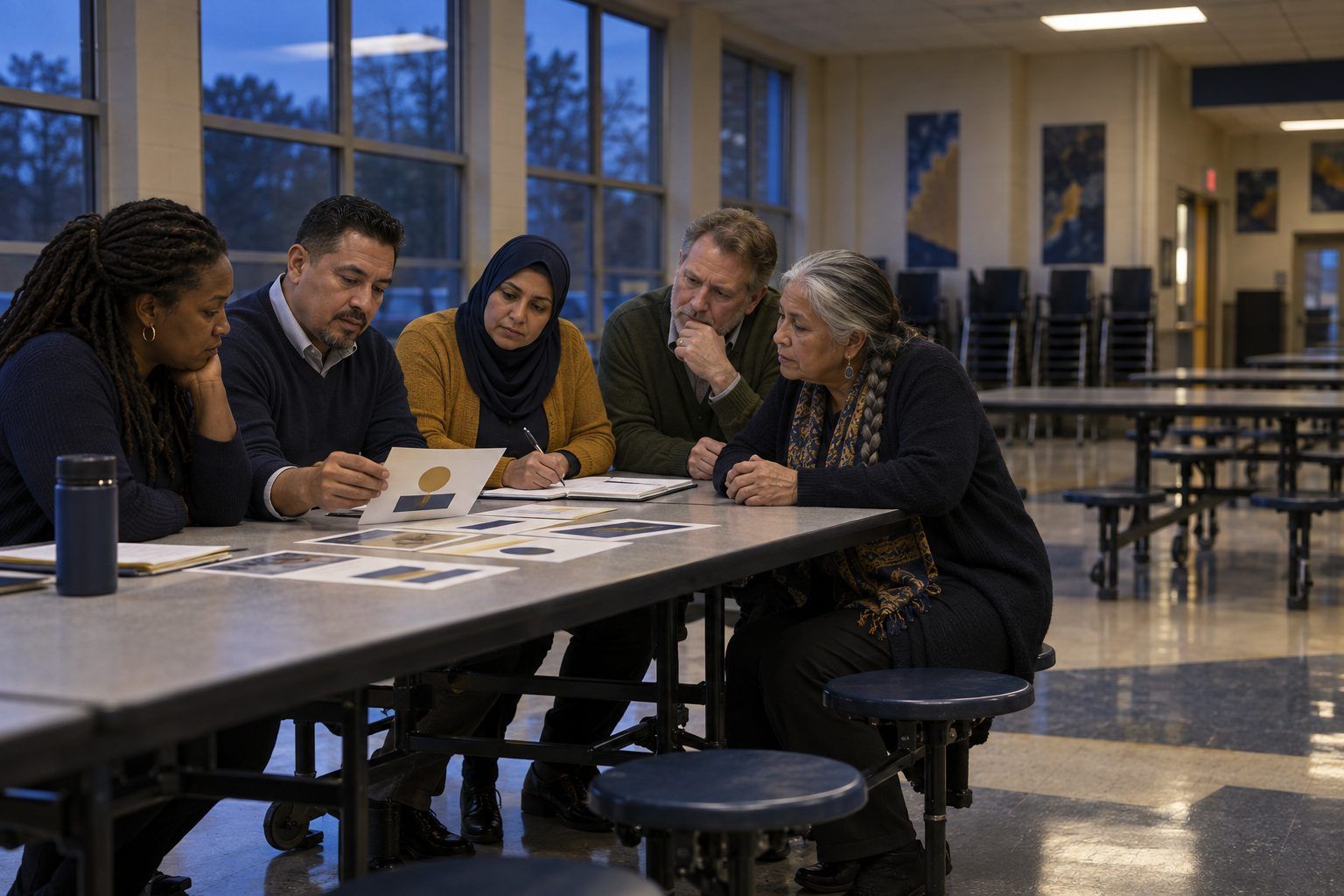 A school crisis team leans in as one member flips the next card in a tabletop exercise about a fake audio clip.