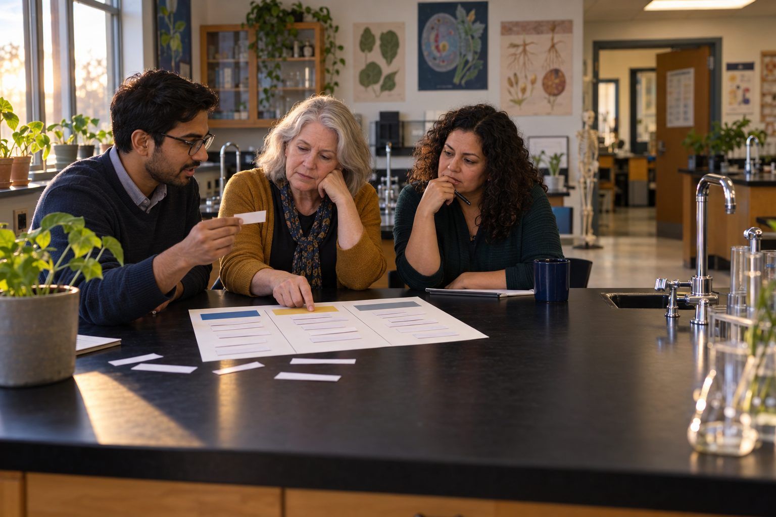 A young coach and two science teachers debate how to sort study-design strips on a lab bench.
