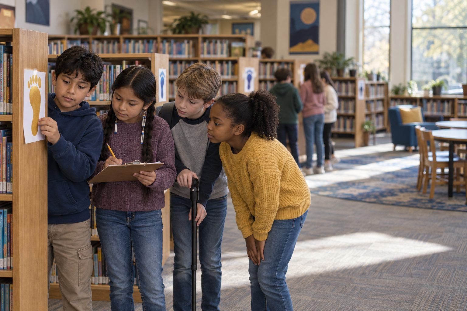 Fourth graders read a paper footprint taped to a library shelf and note what it reveals.