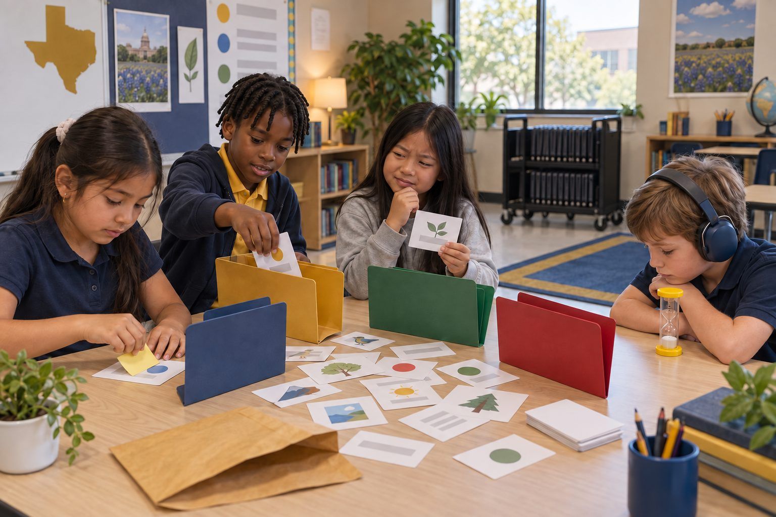 Fourth graders sort paper file cards into folders to organize a pretend messy computer drive.