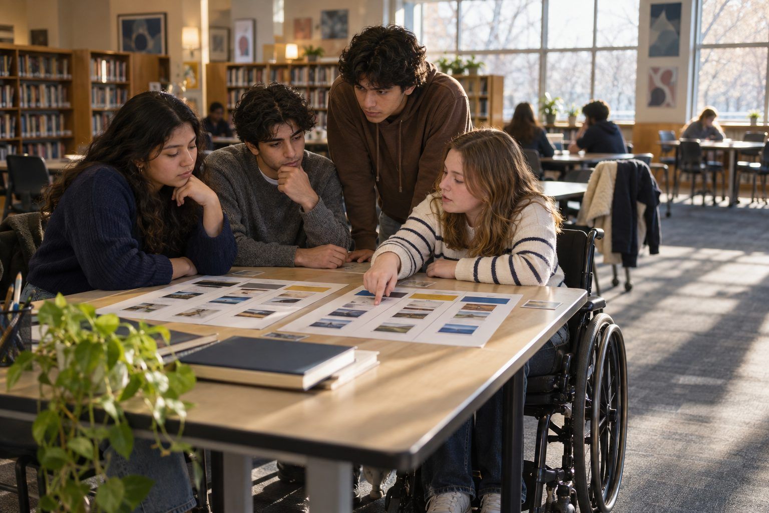 Four high school seniors compare their sorting mats and argue over scenarios where AI use falls in a gray area.