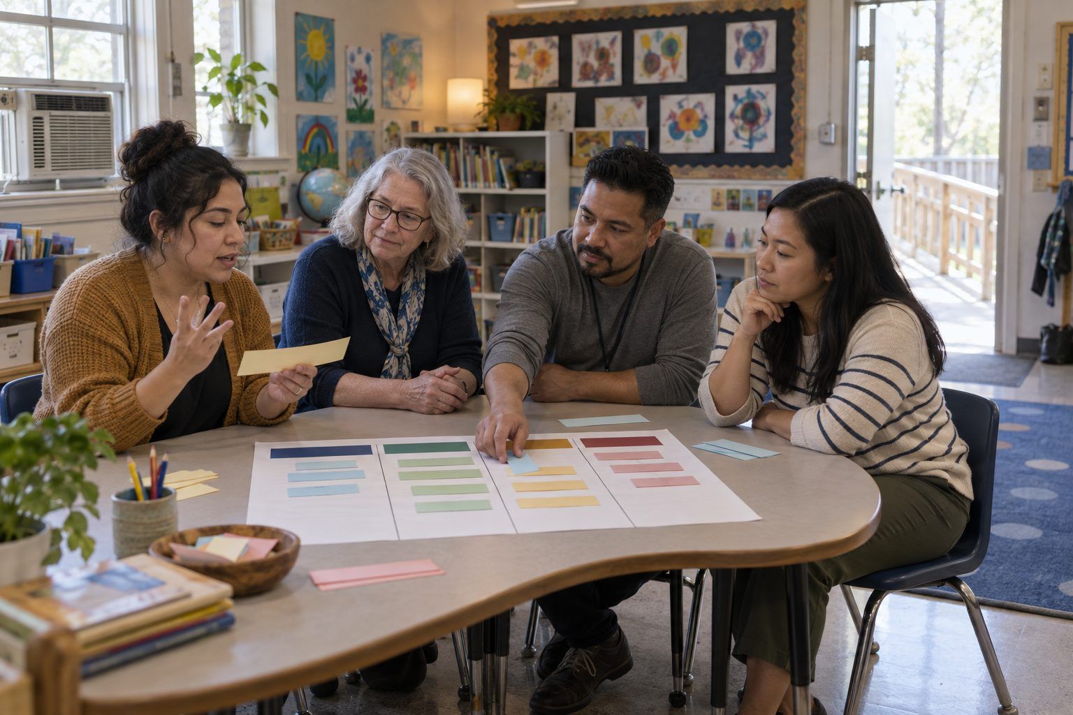 Four teachers sort classroom tasks on a paper mat, arguing whether each one really needs a screen.