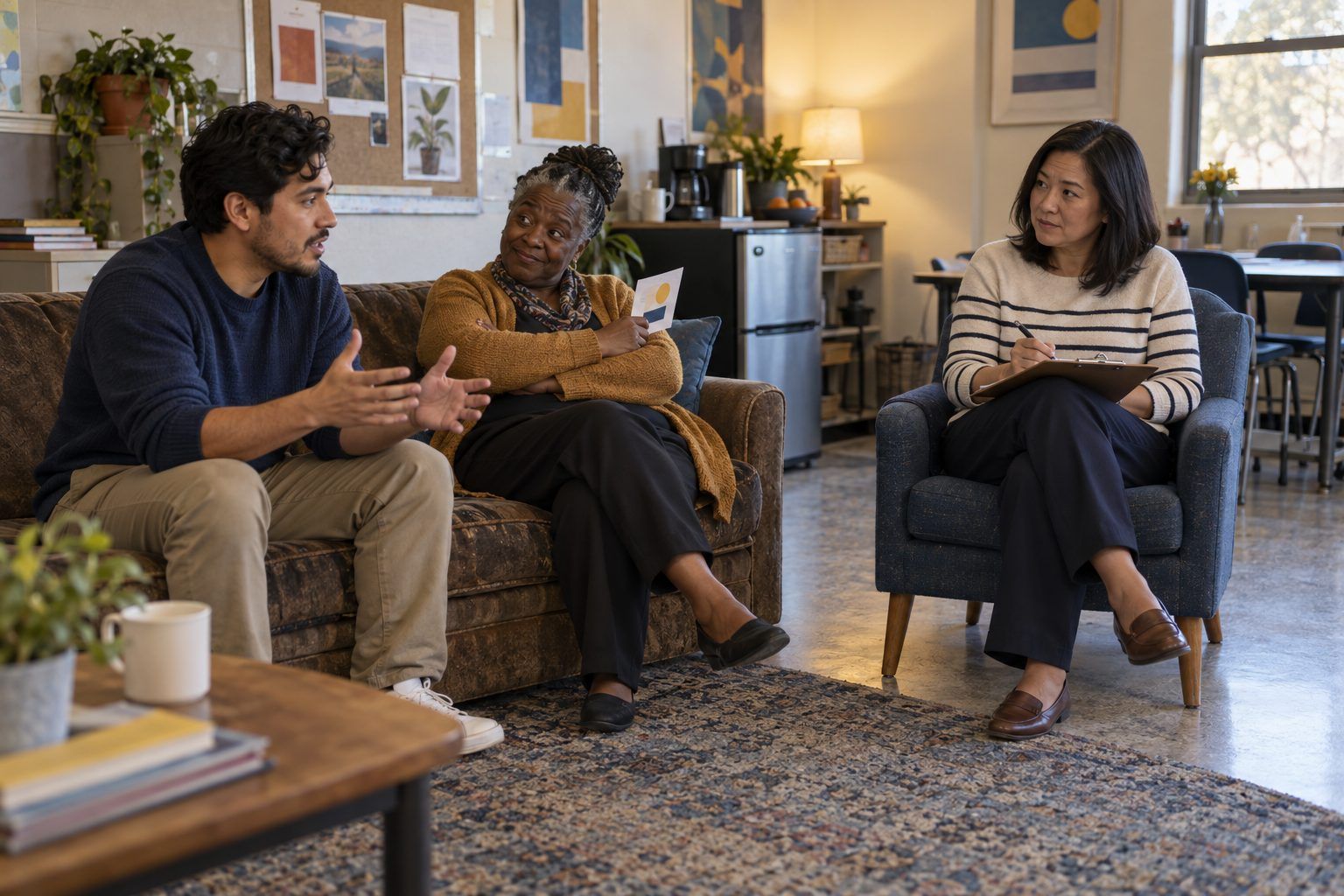 A young teacher practices explaining AI in plain language to a colleague playing a skeptical grandparent.