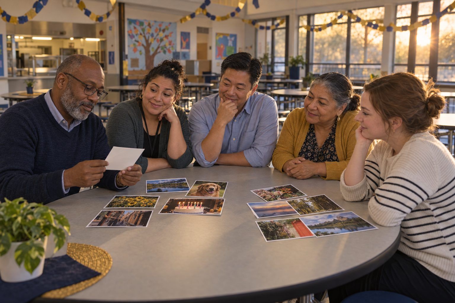 A campus team sorts printed photos into real and AI-made piles while planning a family night.