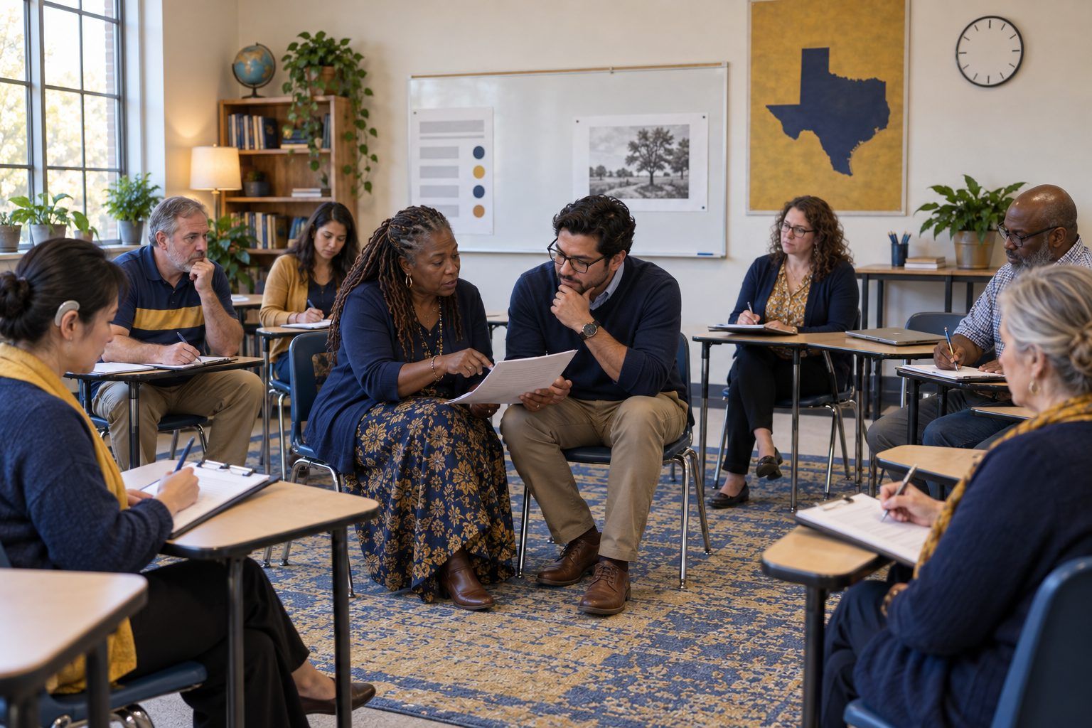 Two teachers model a peer feedback protocol on a printed draft while colleagues watch from an outer circle.