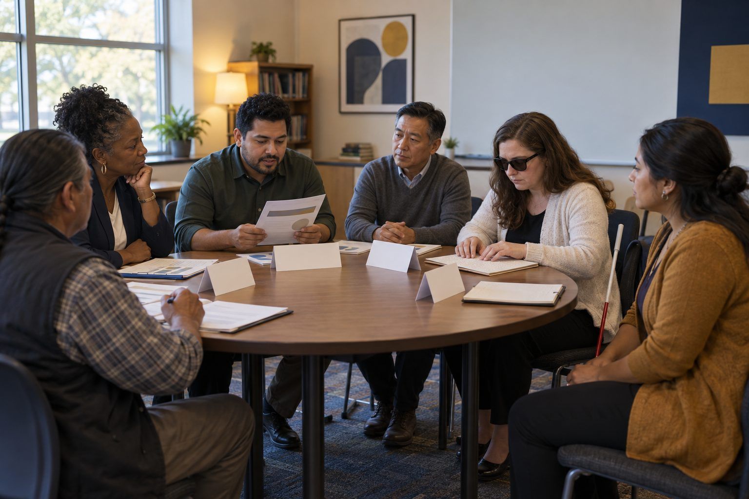 A planning team listens to a new development in a role-play while a blind teacher reads her braille role card.