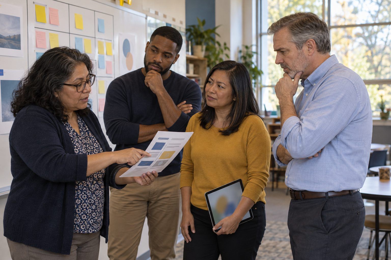 Two review teams compare their app scores at a sticky-note grid, citing a line from a printed profile.