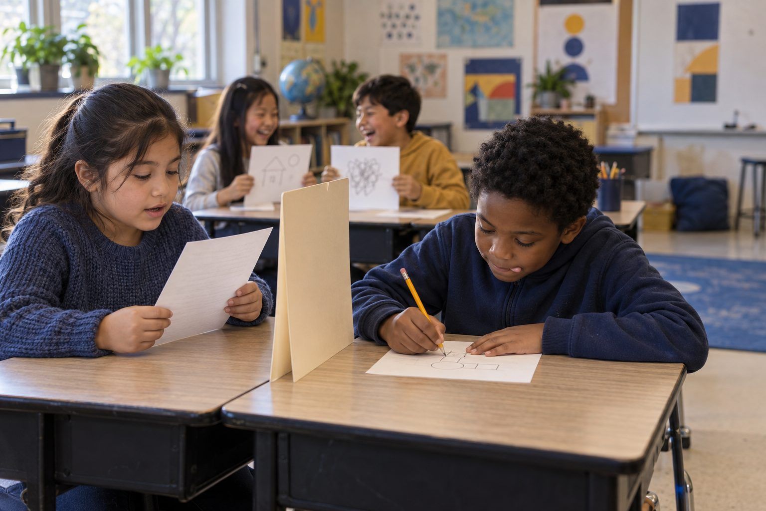 A fifth grader reads drawing instructions from behind a folder while her partner follows them exactly.