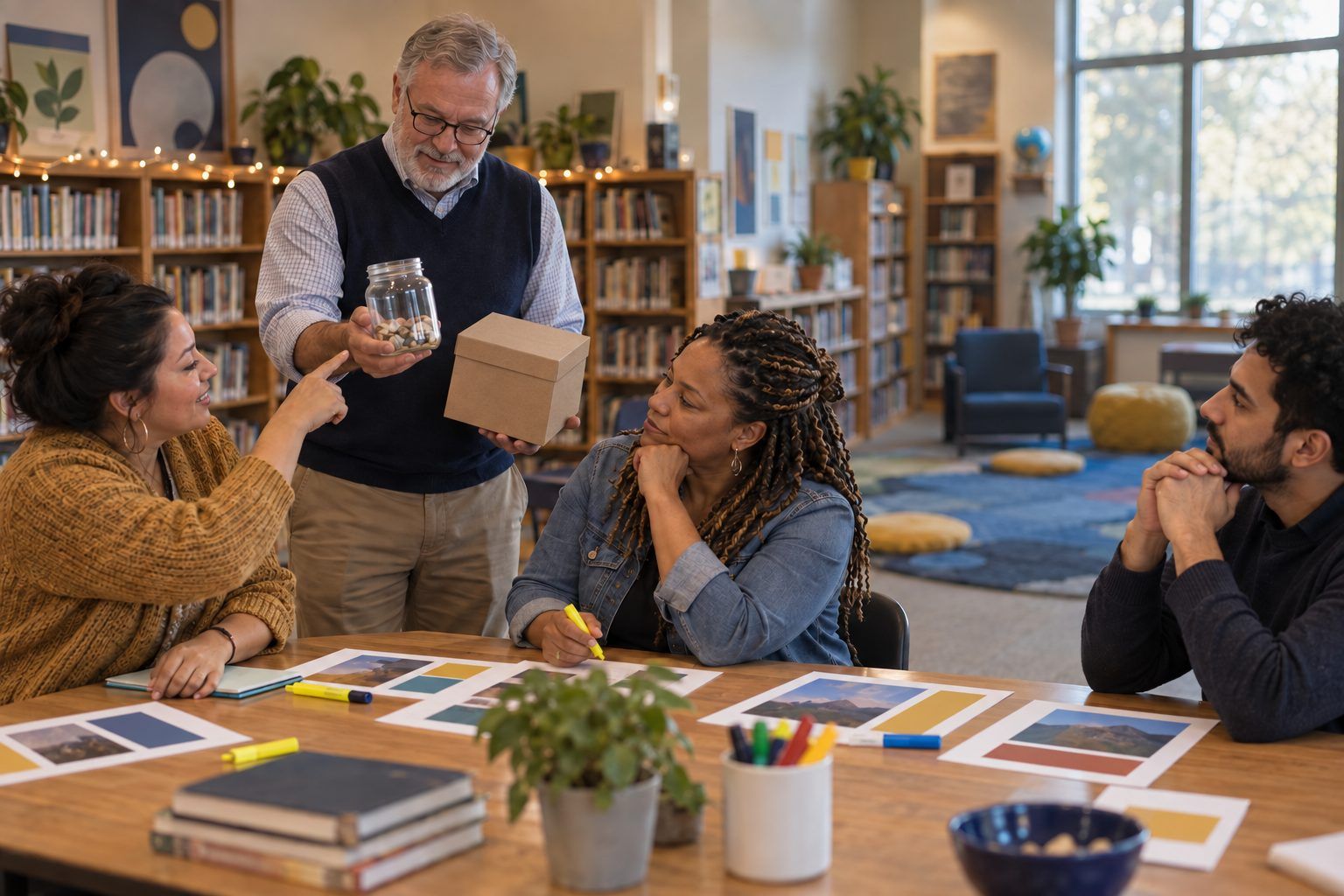 A librarian holds up a clear jar and a closed box to start a conversation about how transparent AI tools are.