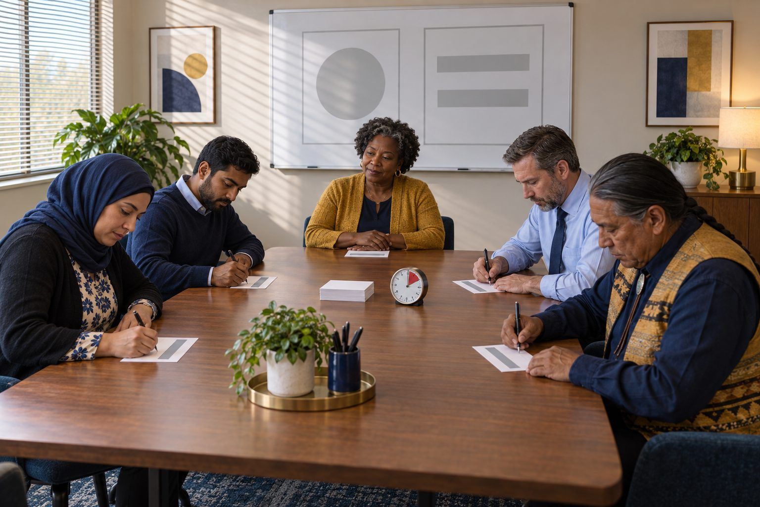A principal waits her turn while her leadership team silently writes pre-mortem cards.