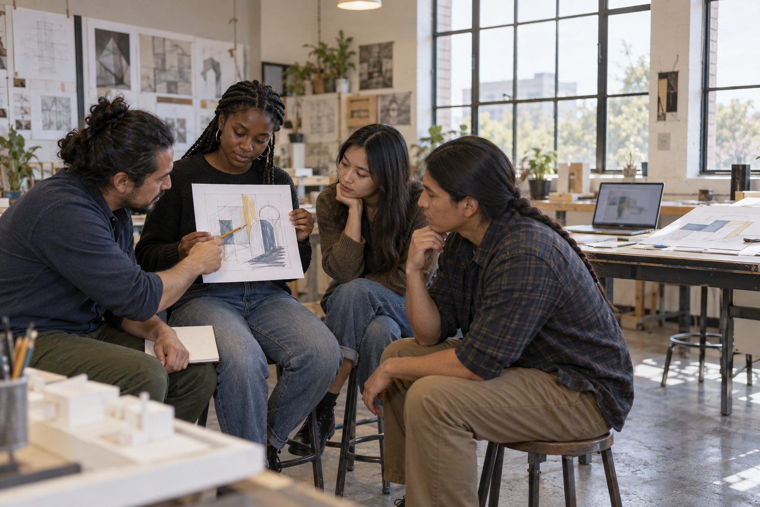 University students ask a classmate why she made a particular choice in her design.