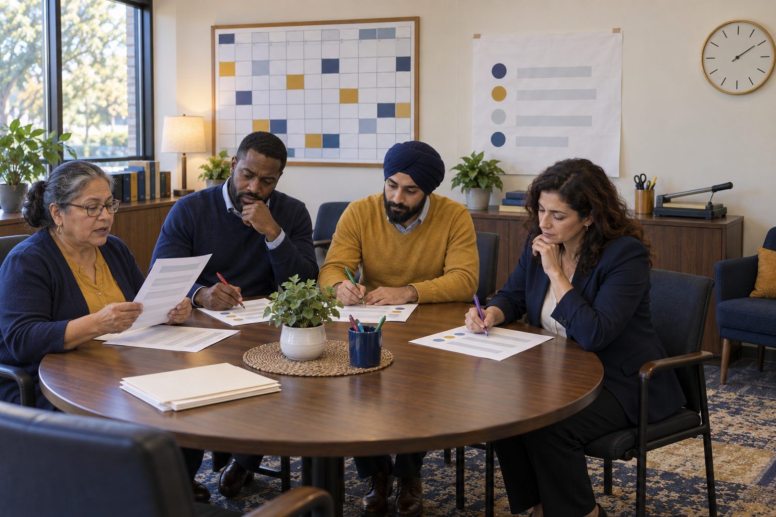 School staff edit printed messages to families in colored pen around a front-office table.