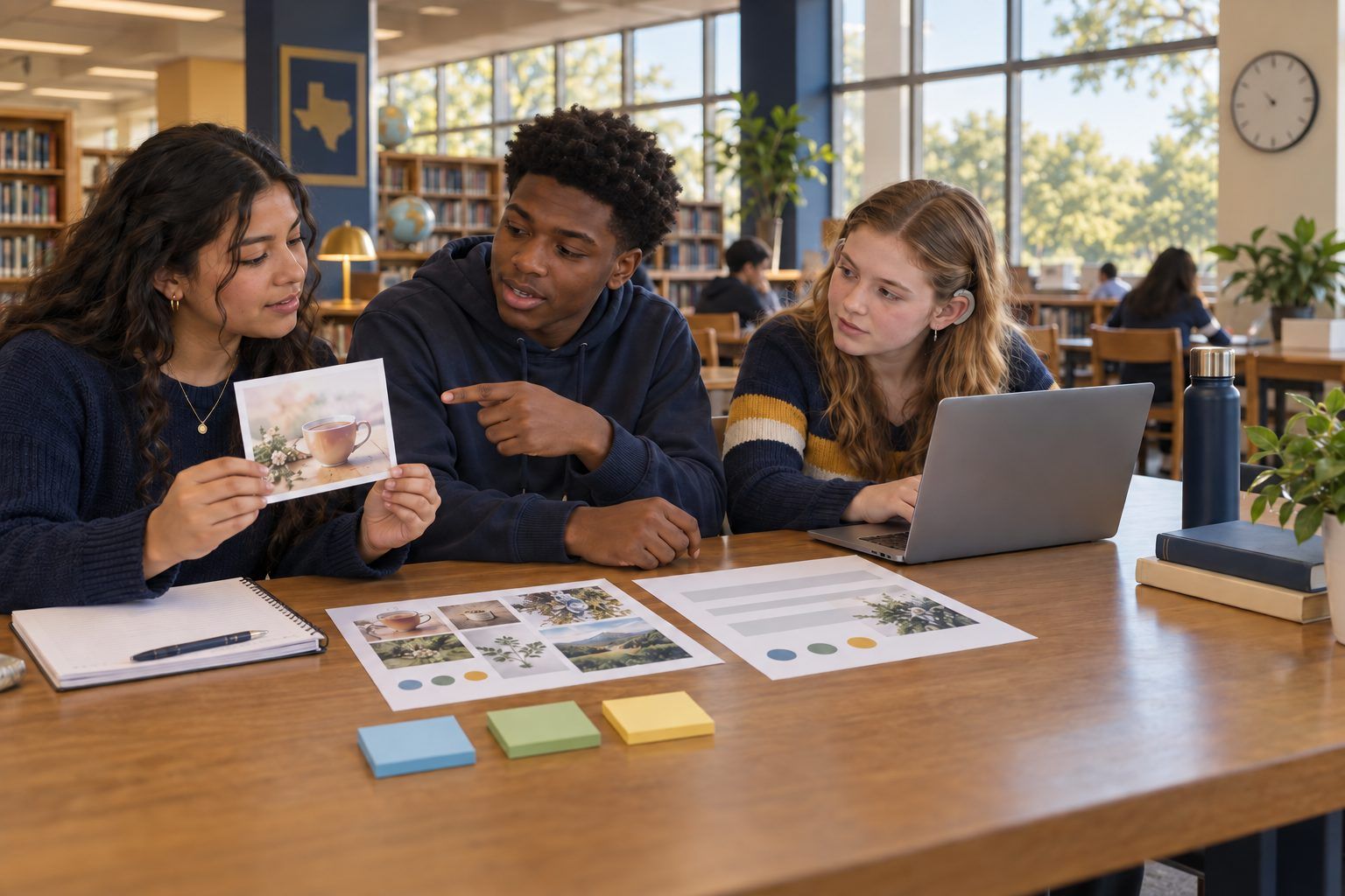 High school students check a printed wellness post against other sources in the library.
