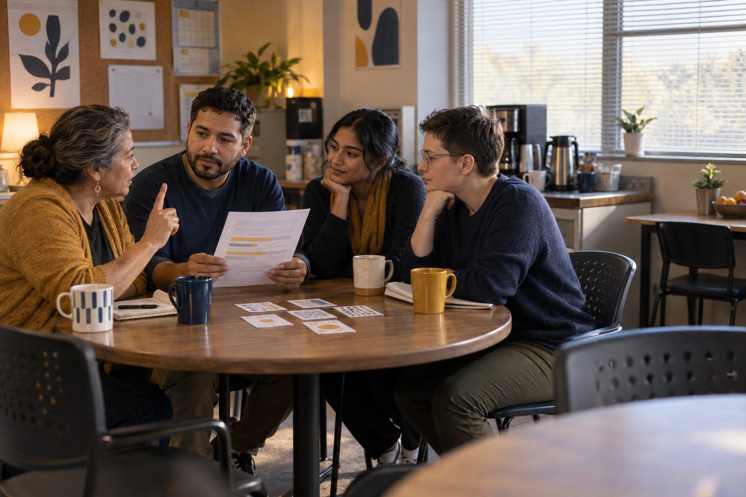 Four coaches in an early-morning journal club question the claims in a printed article.