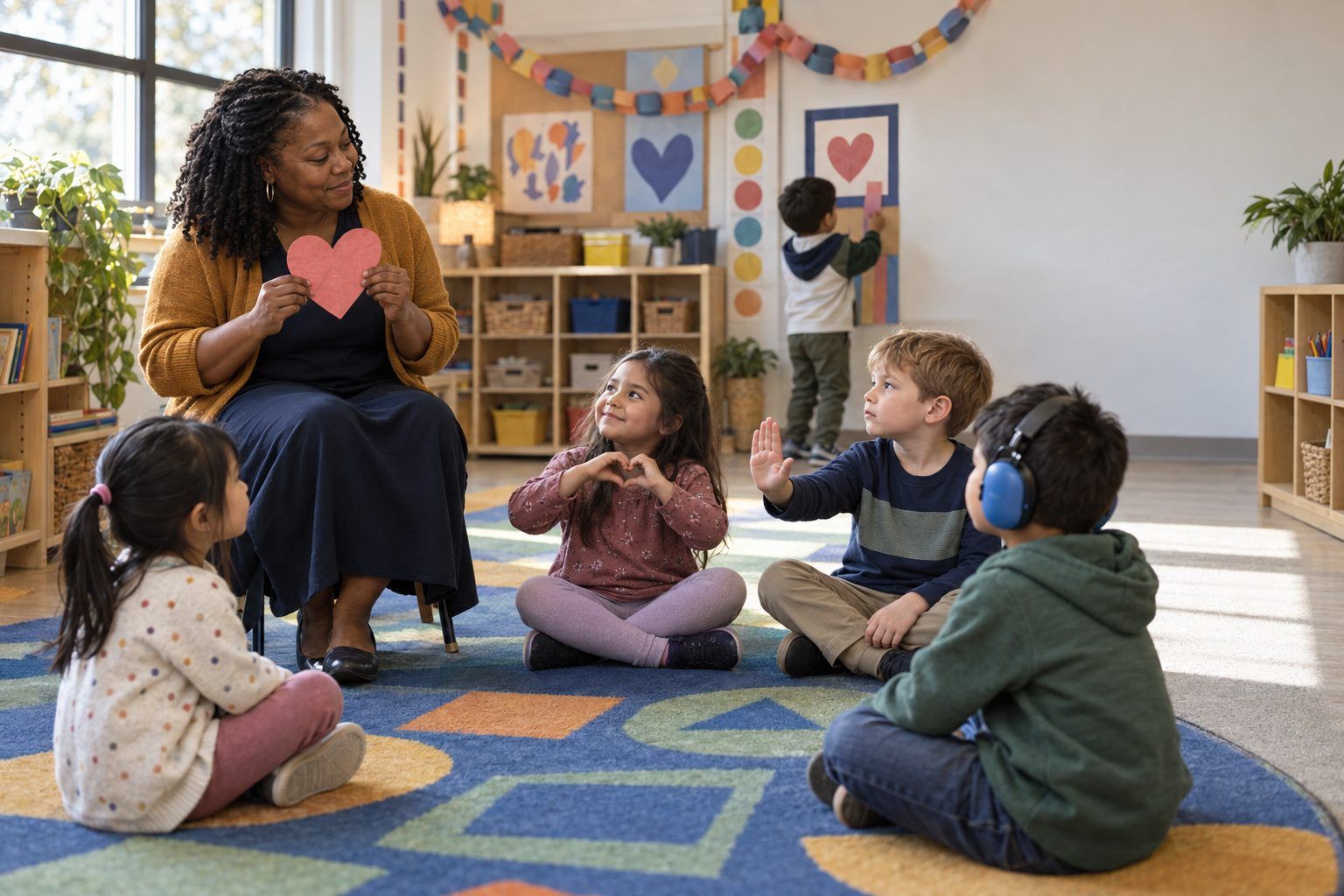 Kindergartners show heart hands and stop hands to sort kind and unkind messages.