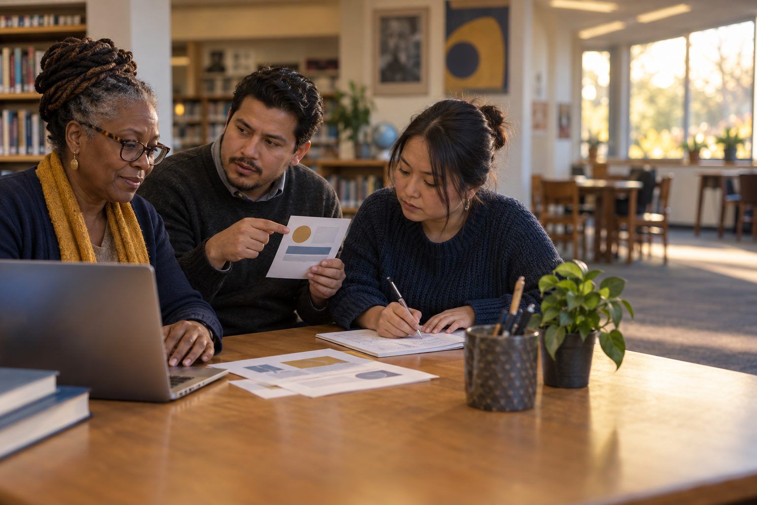 A veteran librarian searches for a source while two teachers question a claim card and log their moves.