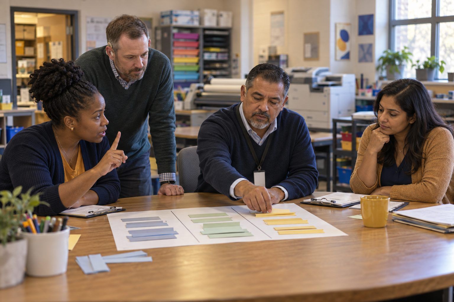A principal and his leadership team debate where to place walkthrough notes on a three-column sorting mat.