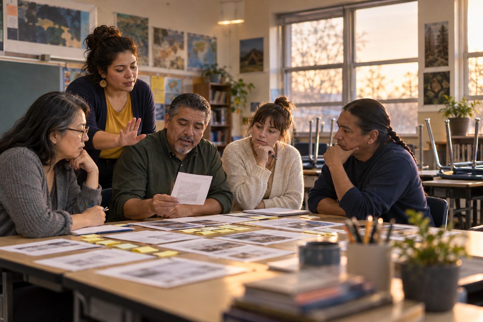 A teacher team lines up sticky notes beside photocopied student work, describing only what they see.