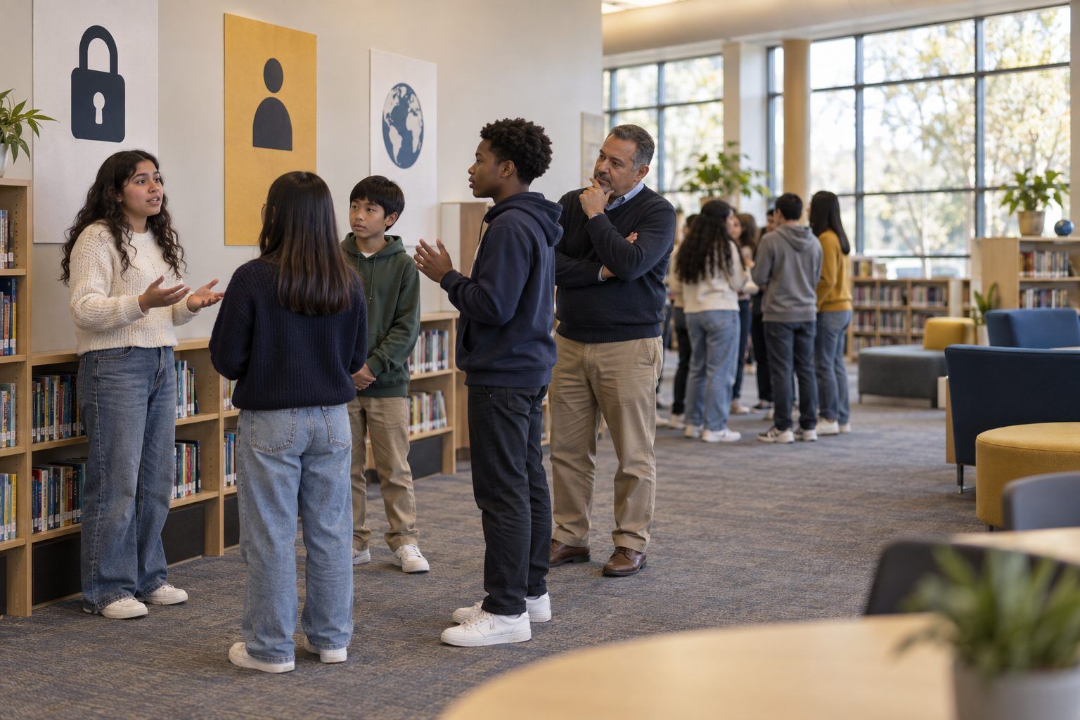 Middle schoolers stand under different signs and debate which personal information should stay private.